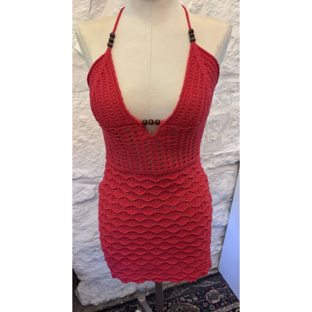 Boho Crochet Halter Mini Dress Beach Cover Up Festival Open Back Red Small